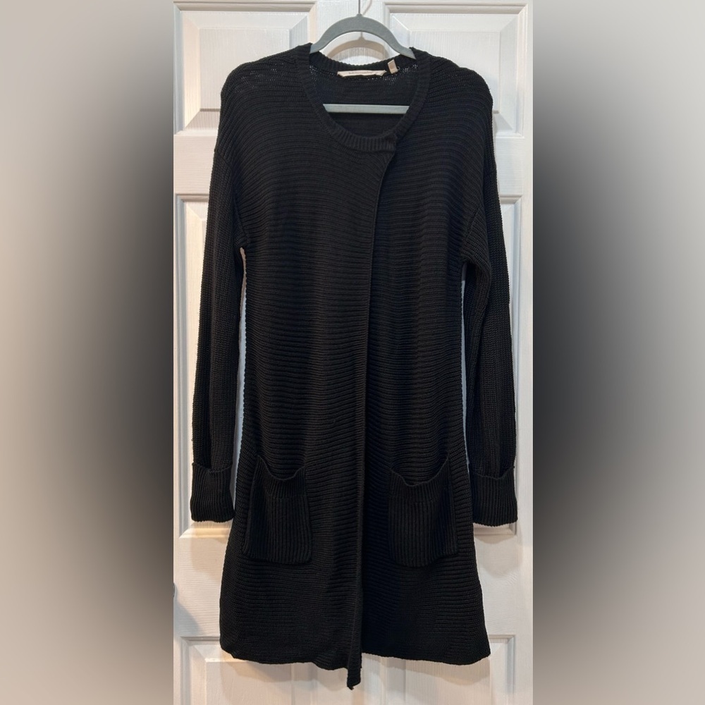 Soft Surroundings Wool Infused Marcella Long Line Cardigan Sz M Black Wool‎ Snap